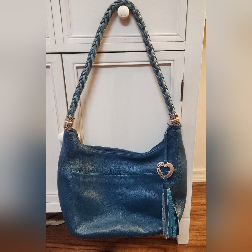 EUC Brighton 'Barbados' Teal Pebbled Leather Hobo Bag with Braided Strap